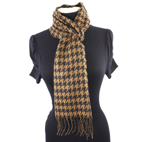 "Handmade" Accessories - Houndstooth Black & Brown Check Cashmere Fringe Long Scarf